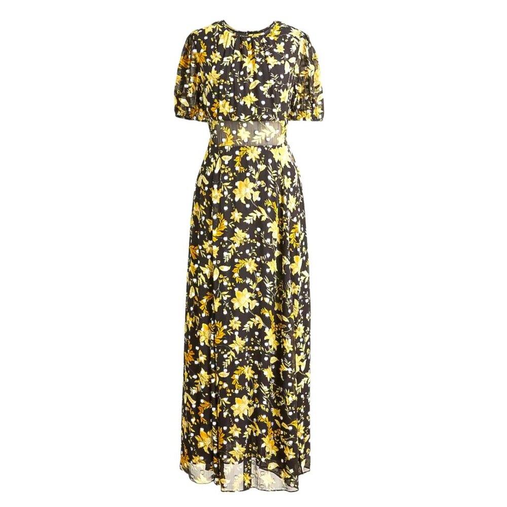 NWT $298 J.Crew Open-Back Metallic Clip-Dot Black Maxi Dress Golden Floral Sz 10